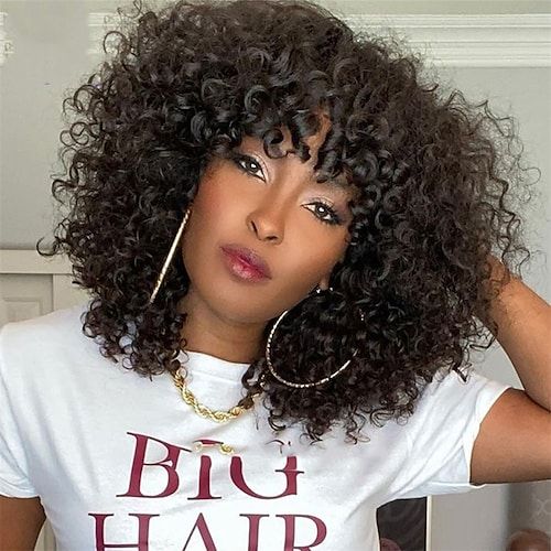 Remy Human Hair Wig Curly With Bangs Natural Black Capless Brazilian Hair Women’s Natural Black #1B 8 inch 10 inch 12 inch Party _ Evening Daily Wear Vacation